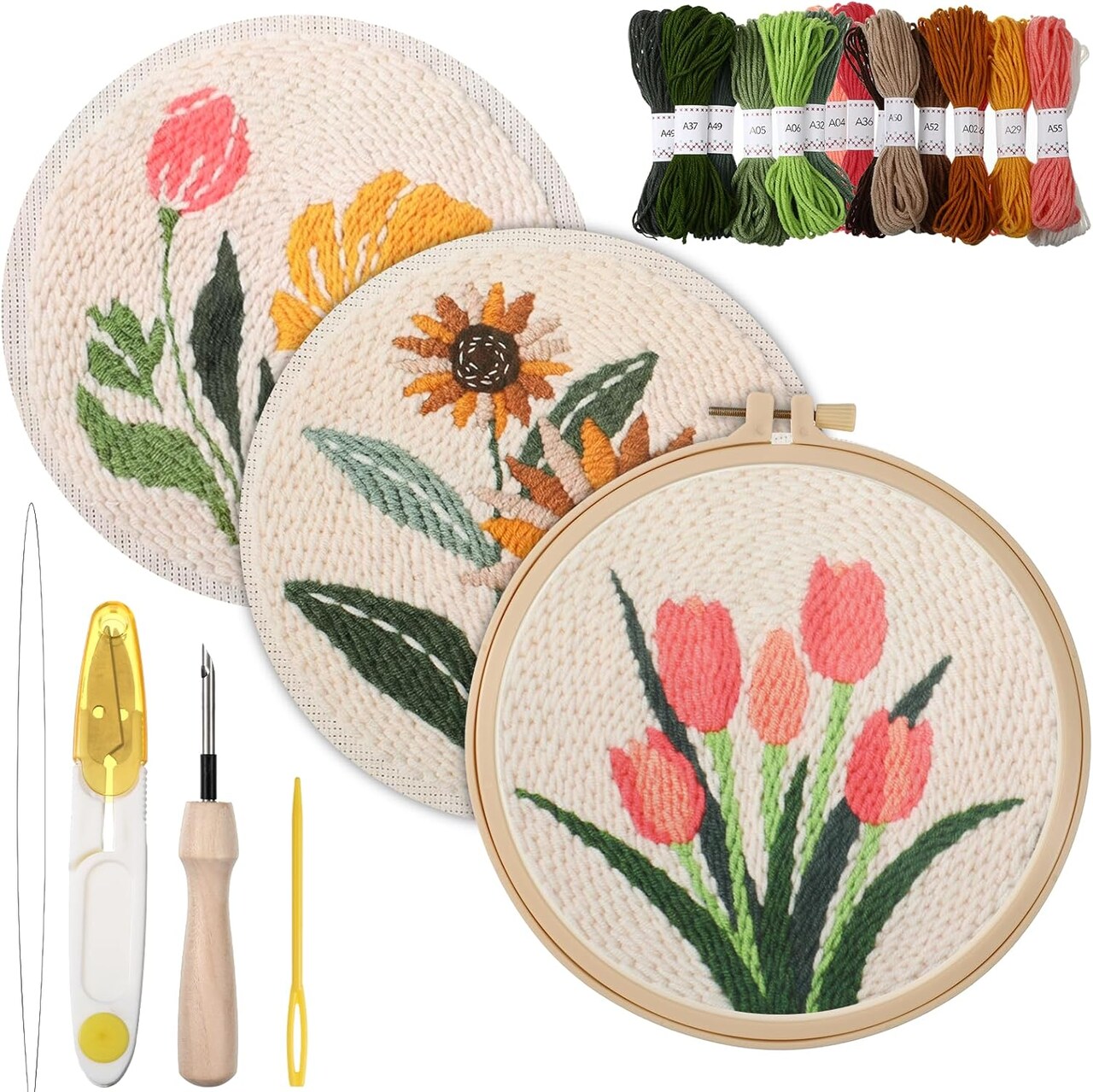 3-Set Flower Punch Needle Kit – Beginner-Friendly DIY Embroidery Set with Printed Patterns, Hoops, Yarn, Threader & Instructions for Adults